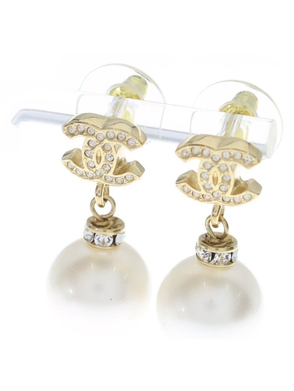 Chanel CC Logo Rhinestone Faux Pearl Earrings White Gold White